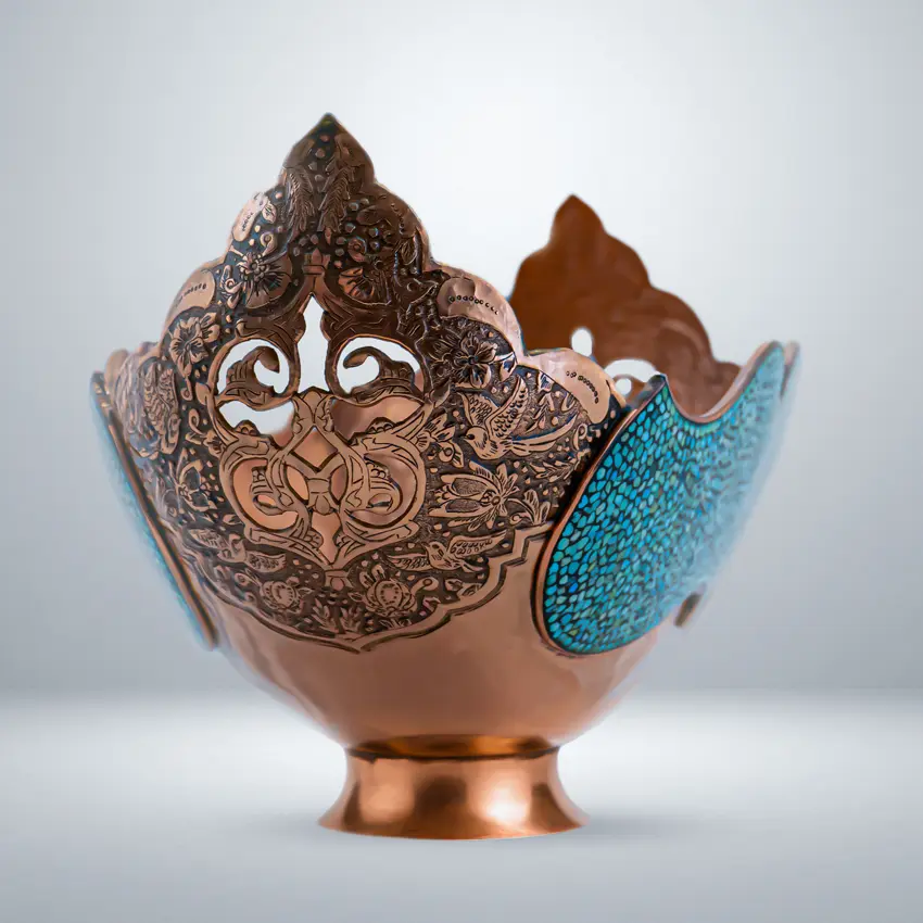 Fruit-Bowl,-Turquoise-Inlaid-on-Copper