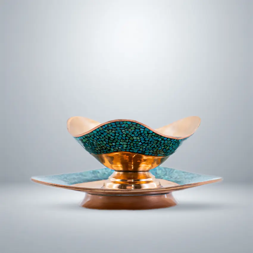 Nut-Serving-Bowl-and-Plate,-Turquoise-Inlaid-on-Copper