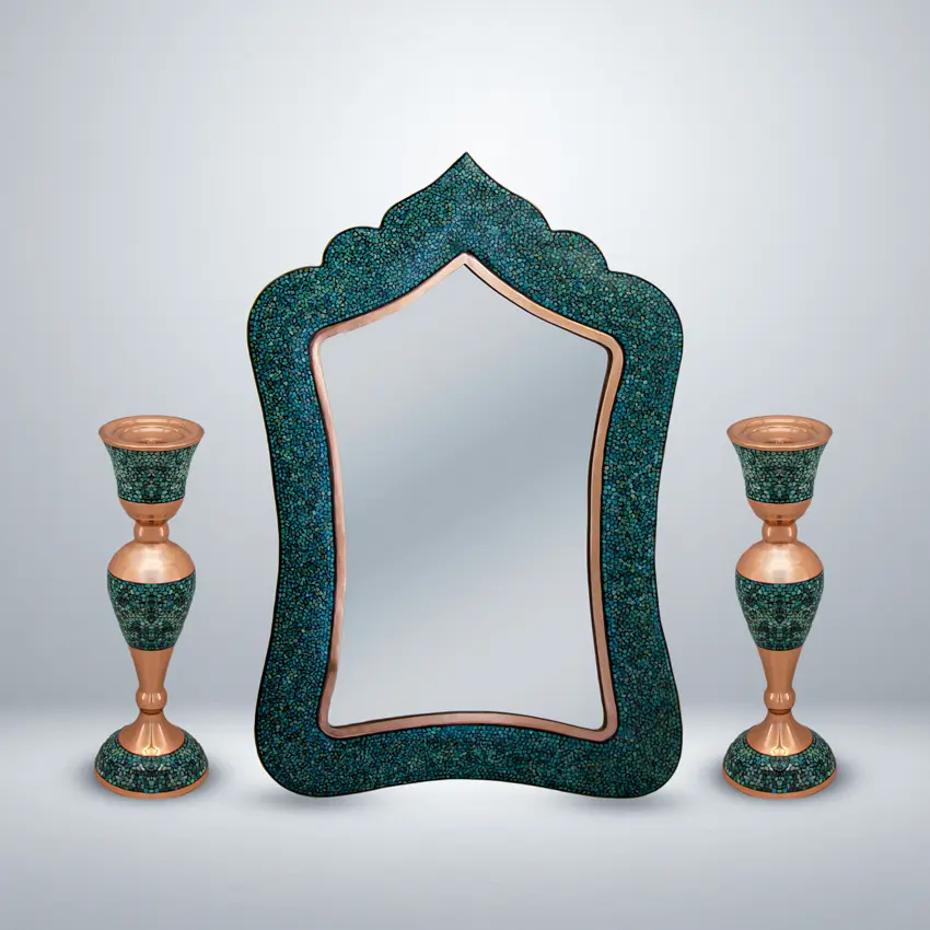 Turquoise-Inlaid-Mirror-and-Candle-Holder-on-Copper